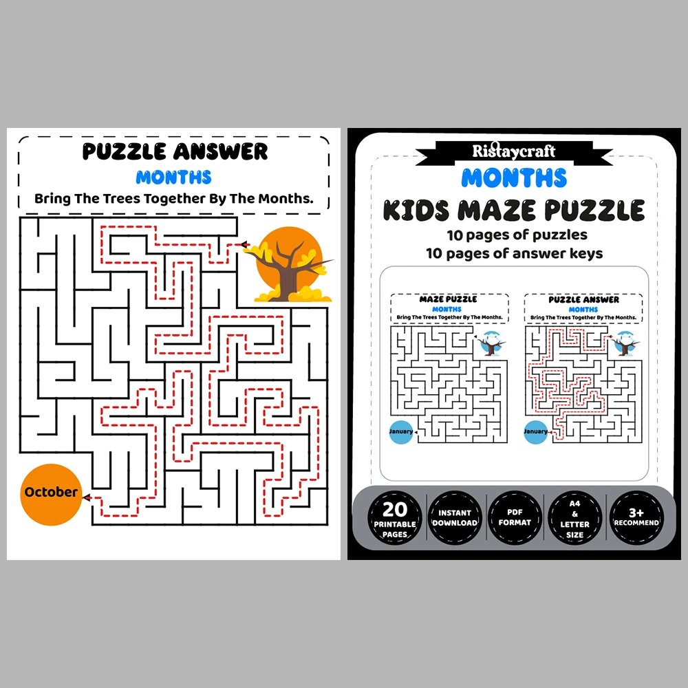Months Kids Maze Puzzle 10 Pages of Puzzles