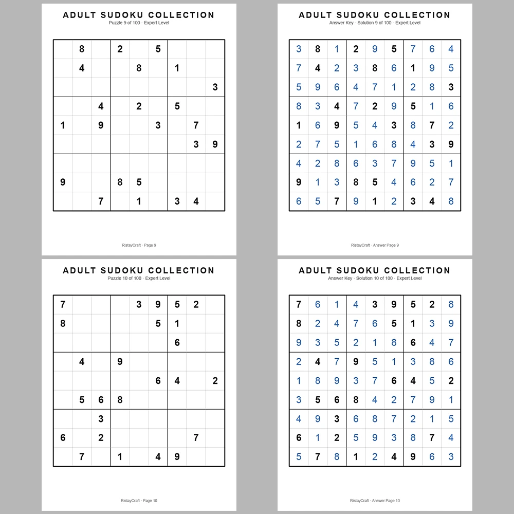 Sudoku Puzzle Adult Expert 100 Puzzle Pages + 100 Answer Key Pages