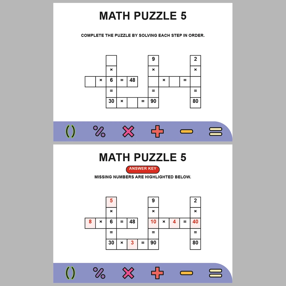 Math Puzzle Multiplication 10 Puzzle Pages + 10 Answer Key Pages (Vol. 3)