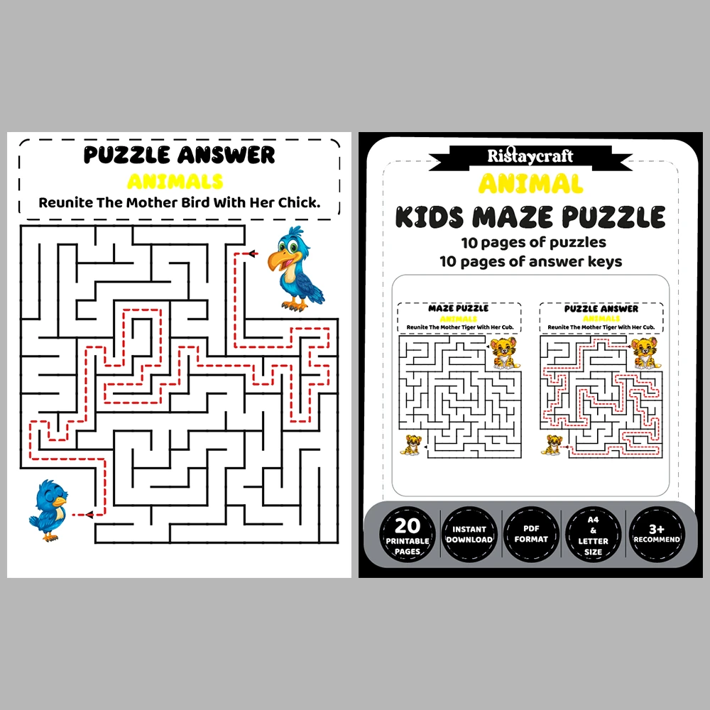 Mother and Baby Animal Kids Maze Puzzle 10 Pages of Puzzles