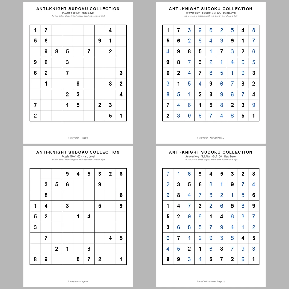 Sudoku Puzzle Anti-knight Sudoku 100 Puzzle Pages + 100 Answer Key Pages