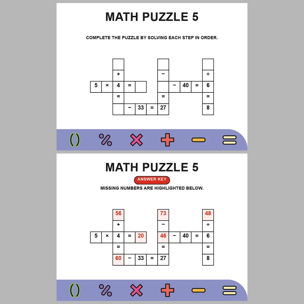 Math Puzzle Four Operations 10 Puzzle Pages + 10 Answer Key Pages (Vol. 17)