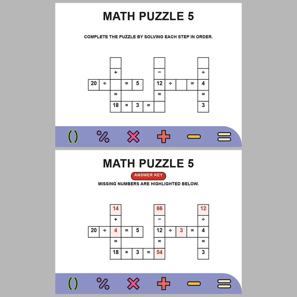 Math Puzzle Four Operations 10 Puzzle Pages + 10 Answer Key Pages (Vol. 10)