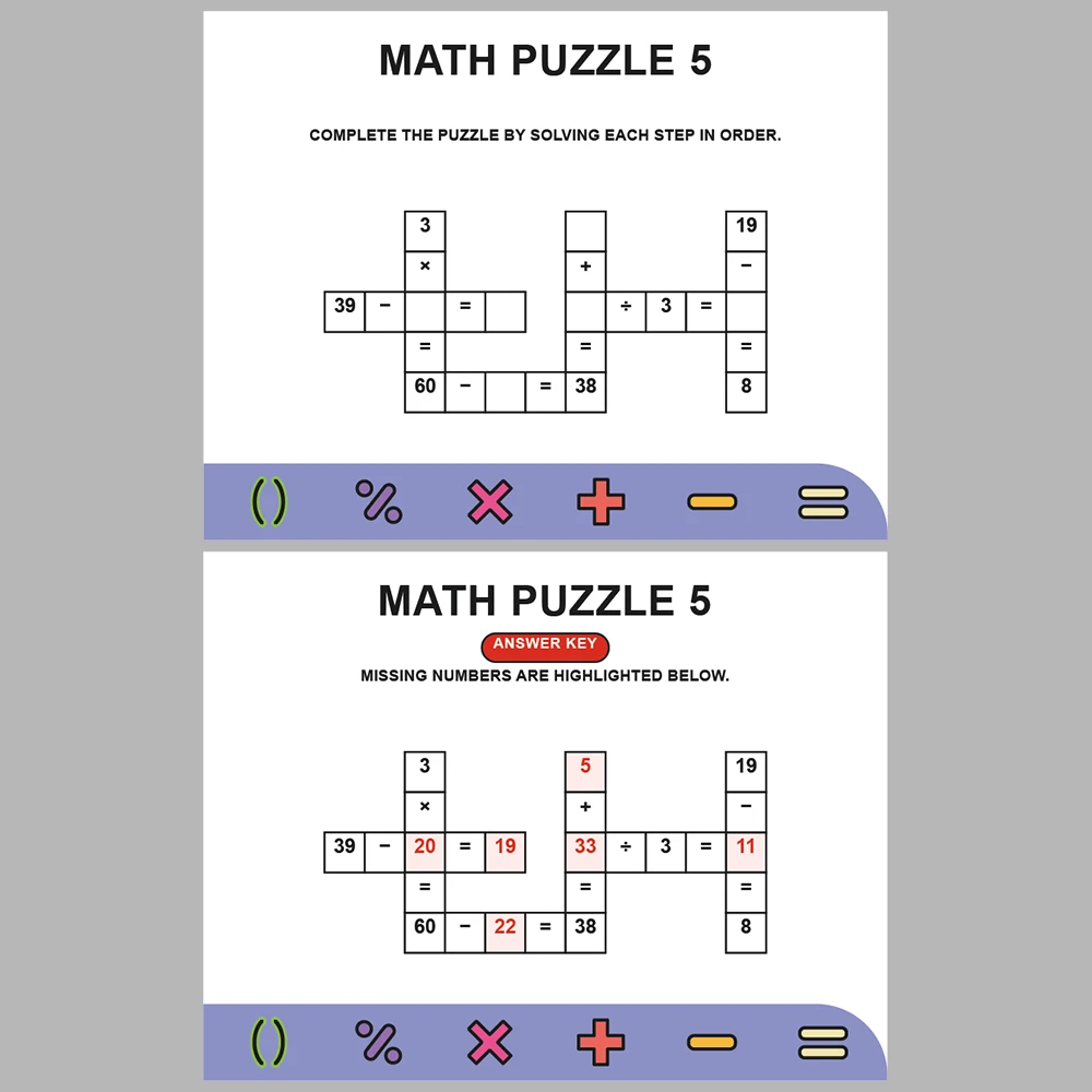 Math Puzzle Four Operations 10 Puzzle Pages + 10 Answer Key Pages (Vol. 3)