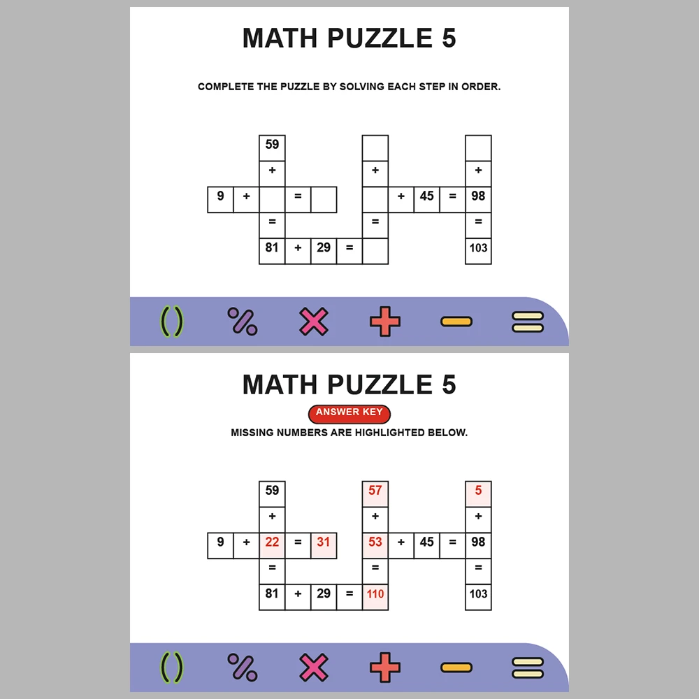 Math Puzzle Addition 10 Puzzle Pages + 10 Answer Key Pages (Vol. 6)