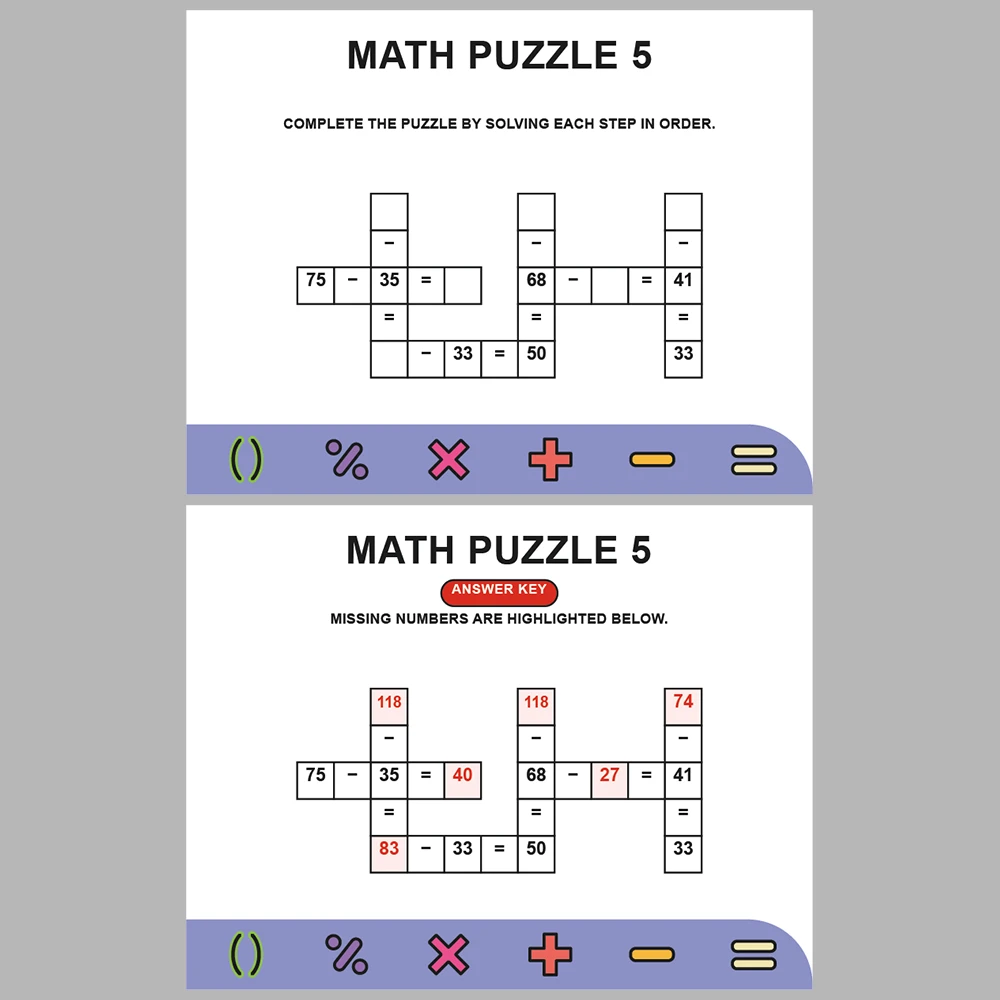 Math Puzzle Subtraction 10 Puzzle Pages + 10 Answer Key Pages (Vol. 7)