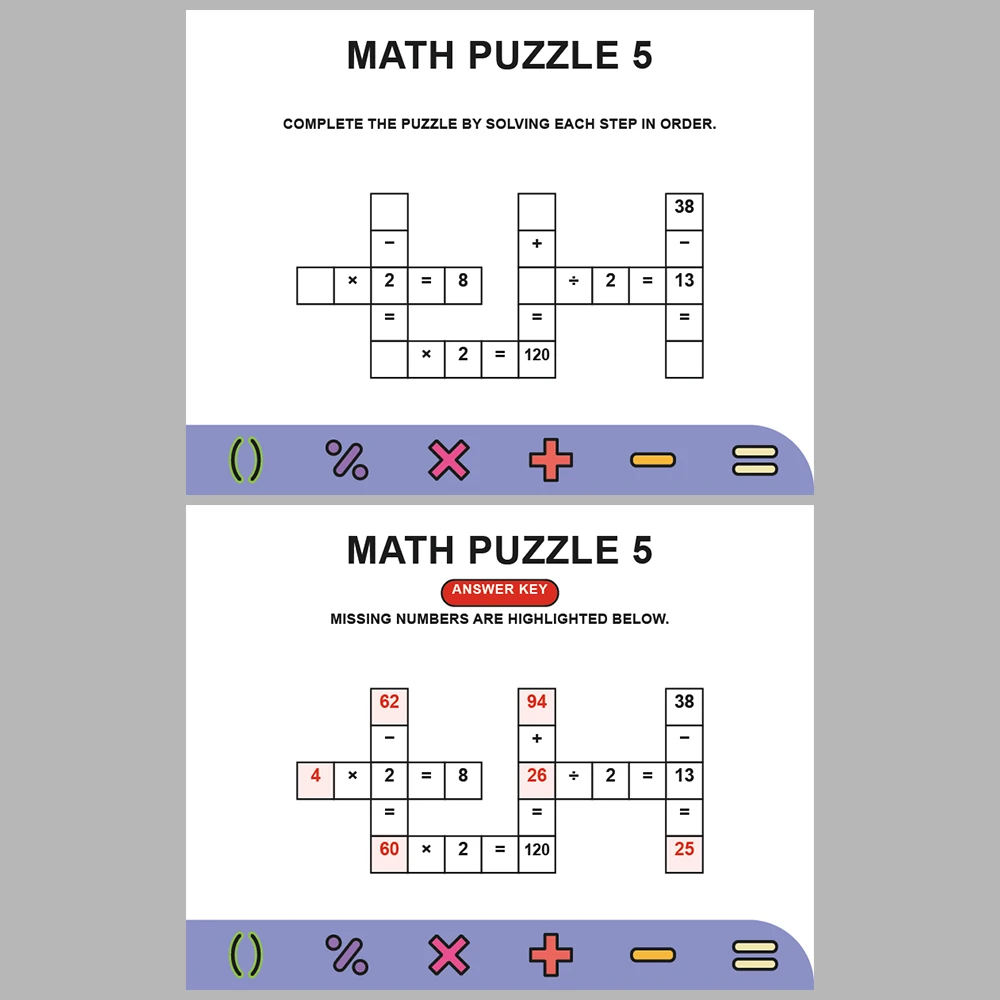 Math Puzzle Four Operations 10 Puzzle Pages + 10 Answer Key Pages (Vol. 20)