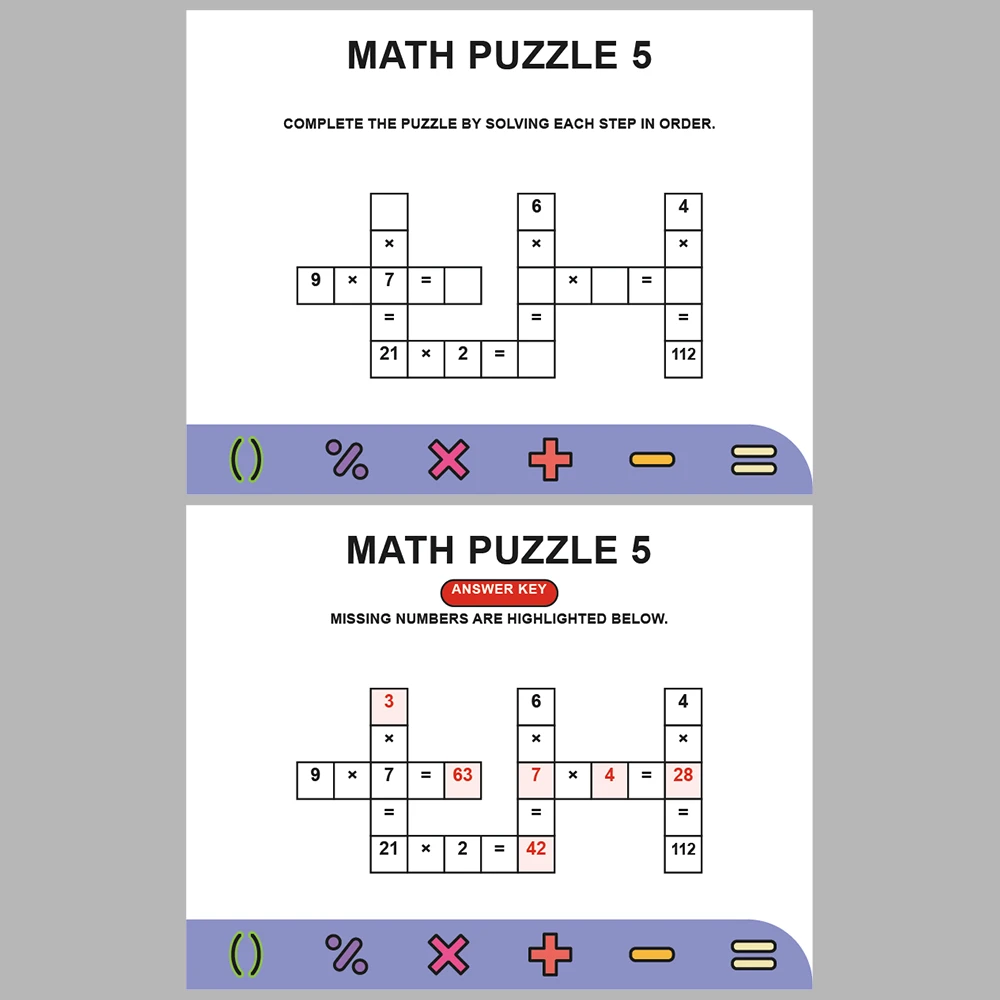 Math Puzzle Multiplication 10 Puzzle Pages + 10 Answer Key Pages (Vol. 5)