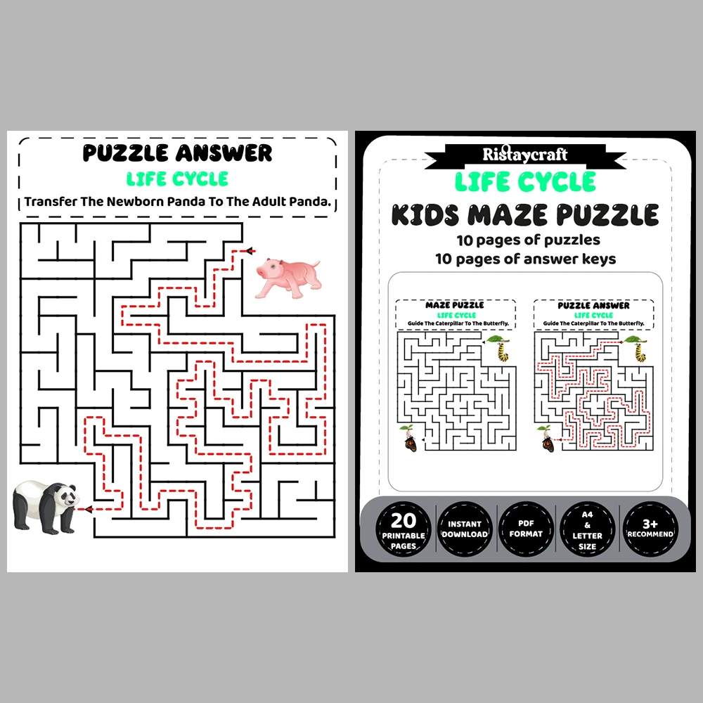 Life Cycle Kids Maze Puzzle 10 Pages of Puzzles