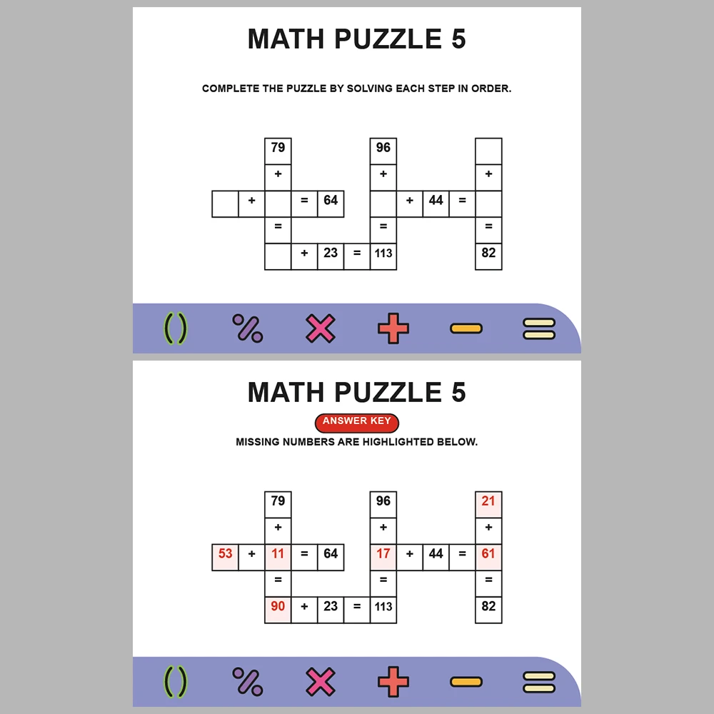 Math Puzzle Addition 10 Puzzle Pages + 10 Answer Key Pages (Vol. 4)