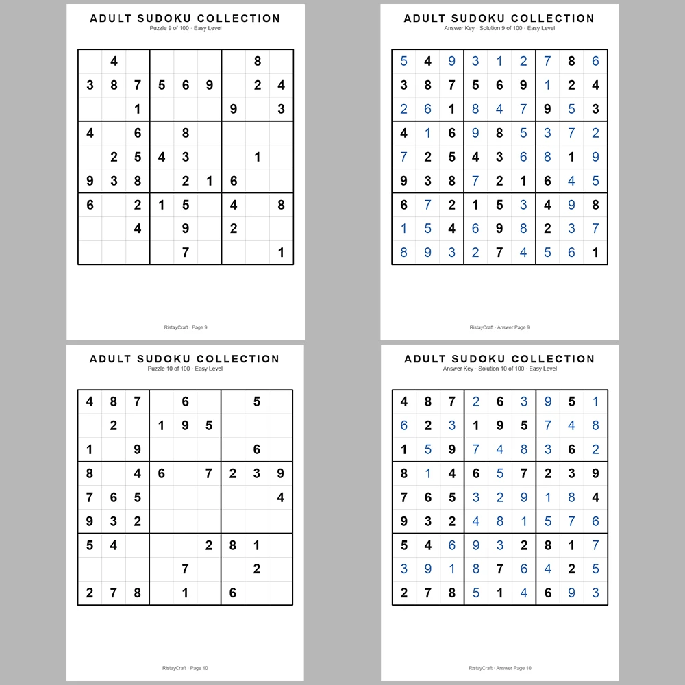 Sudoku Puzzle Adult Easy 100 Puzzle Pages + 100 Answer Key Pages