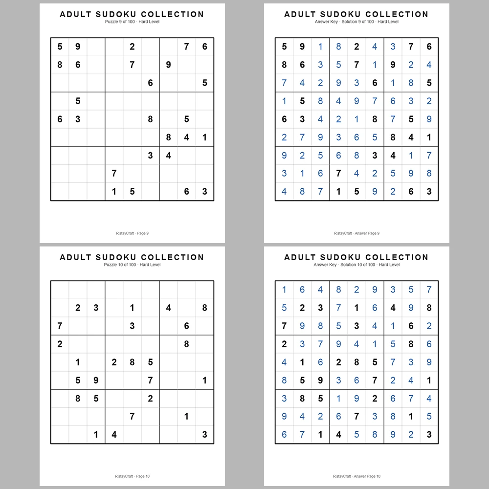 Sudoku Puzzle Adult Hard 100 Puzzle Pages + 100 Answer Key Pages