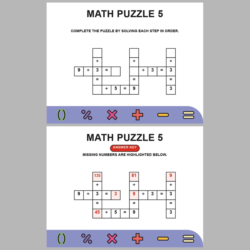 Math Puzzle Division 10 Puzzle Pages + 10 Answer Key Pages (Vol. 9)