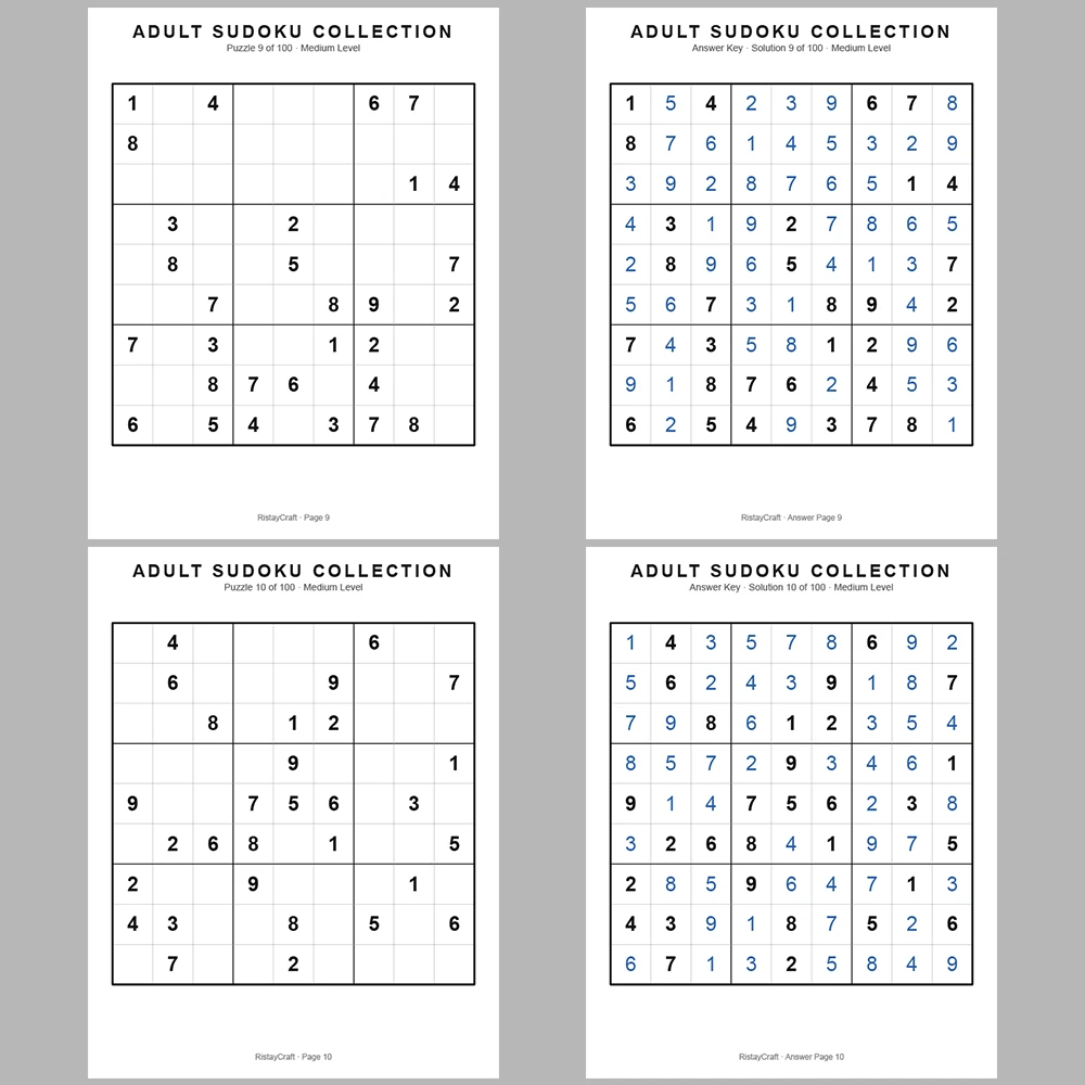 Sudoku Puzzle Adult Medium 100 Puzzle Pages + 100 Answer Key Pages