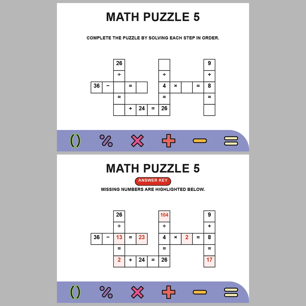 Math Puzzle Four Operations 10 Puzzle Pages + 10 Answer Key Pages (Vol. 9)