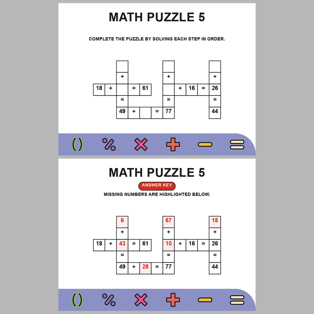 Math Puzzle Addition 10 Puzzle Pages + 10 Answer Key Pages (Vol. 2)