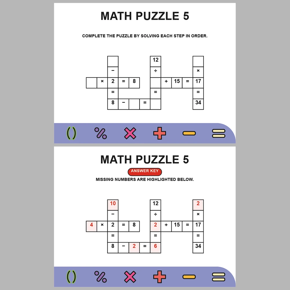 Math Puzzle Four Operations 10 Puzzle Pages + 10 Answer Key Pages (Vol. 4)