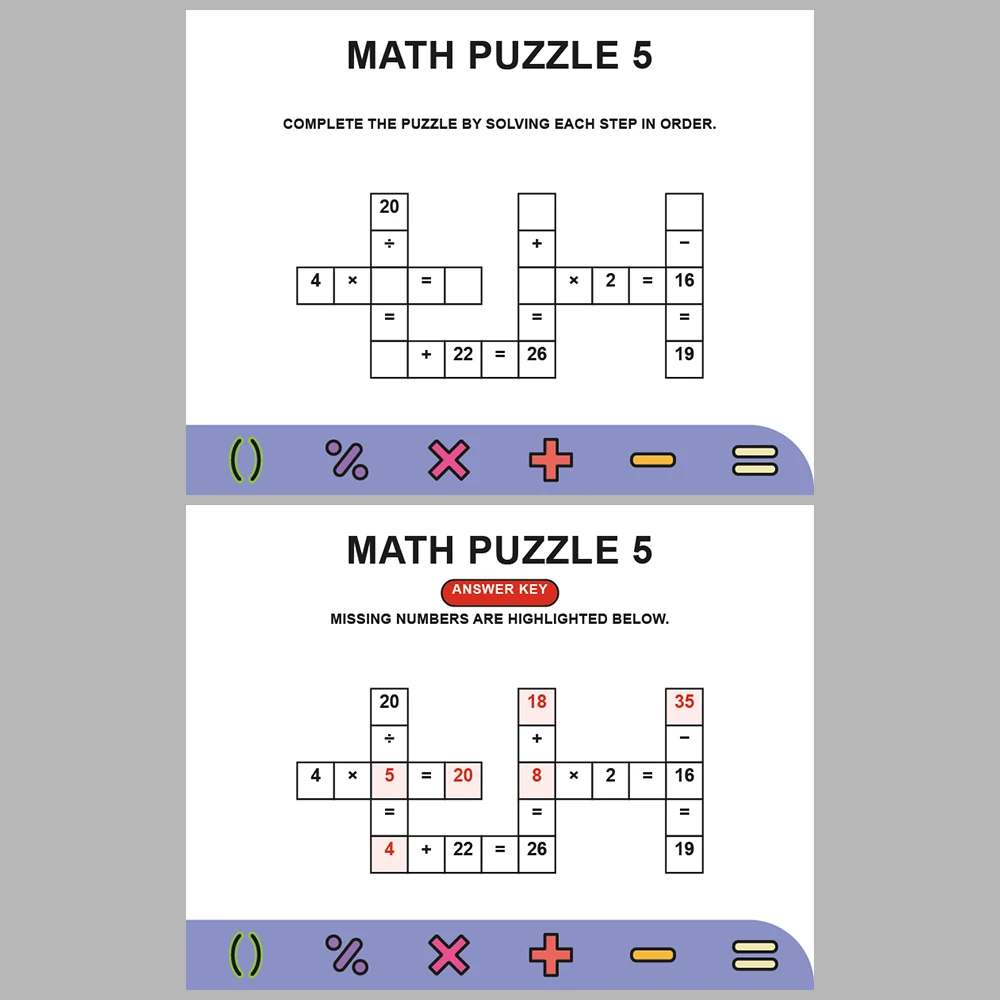 Math Puzzle Four Operations 10 Puzzle Pages + 10 Answer Key Pages (Vol. 7)