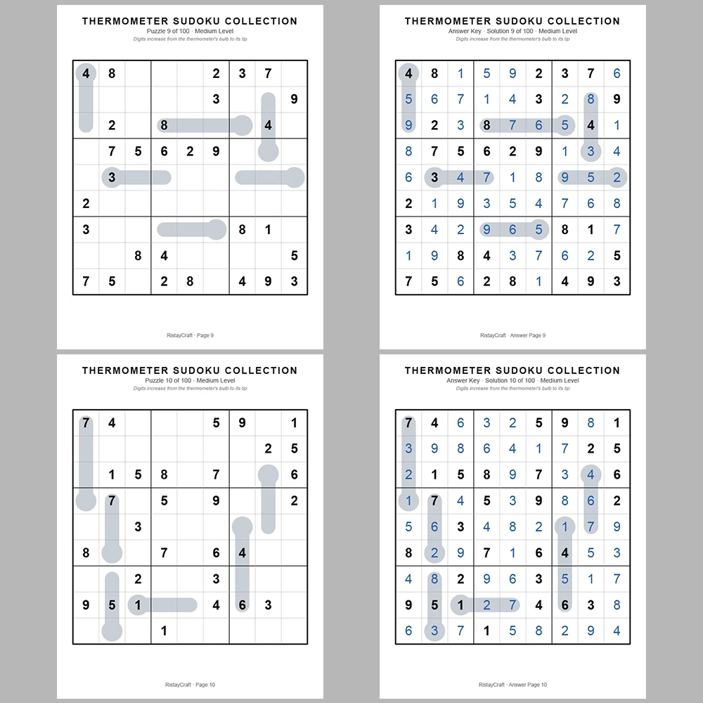 Sudoku Puzzle Thermometer Sudoku 100 Puzzle Pages + 100 Answer Key Pages
