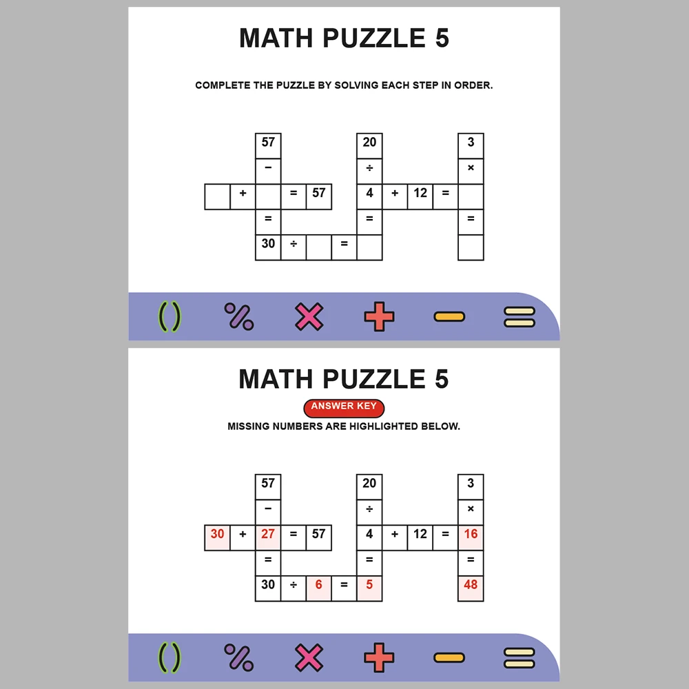 Math Puzzle Four Operations 10 Puzzle Pages + 10 Answer Key Pages (Vol. 6)