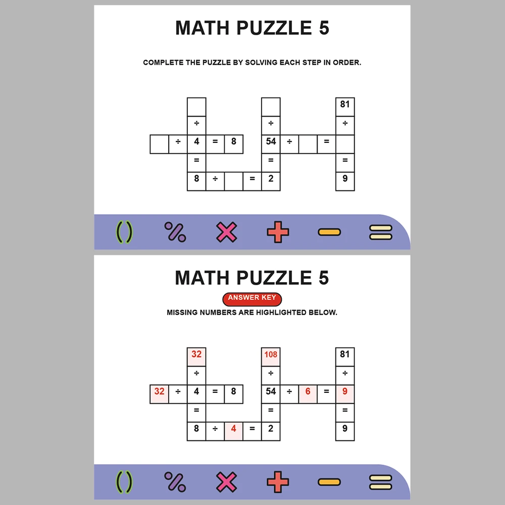 Math Puzzle Division 10 Puzzle Pages + 10 Answer Key Pages (Vol. 4)