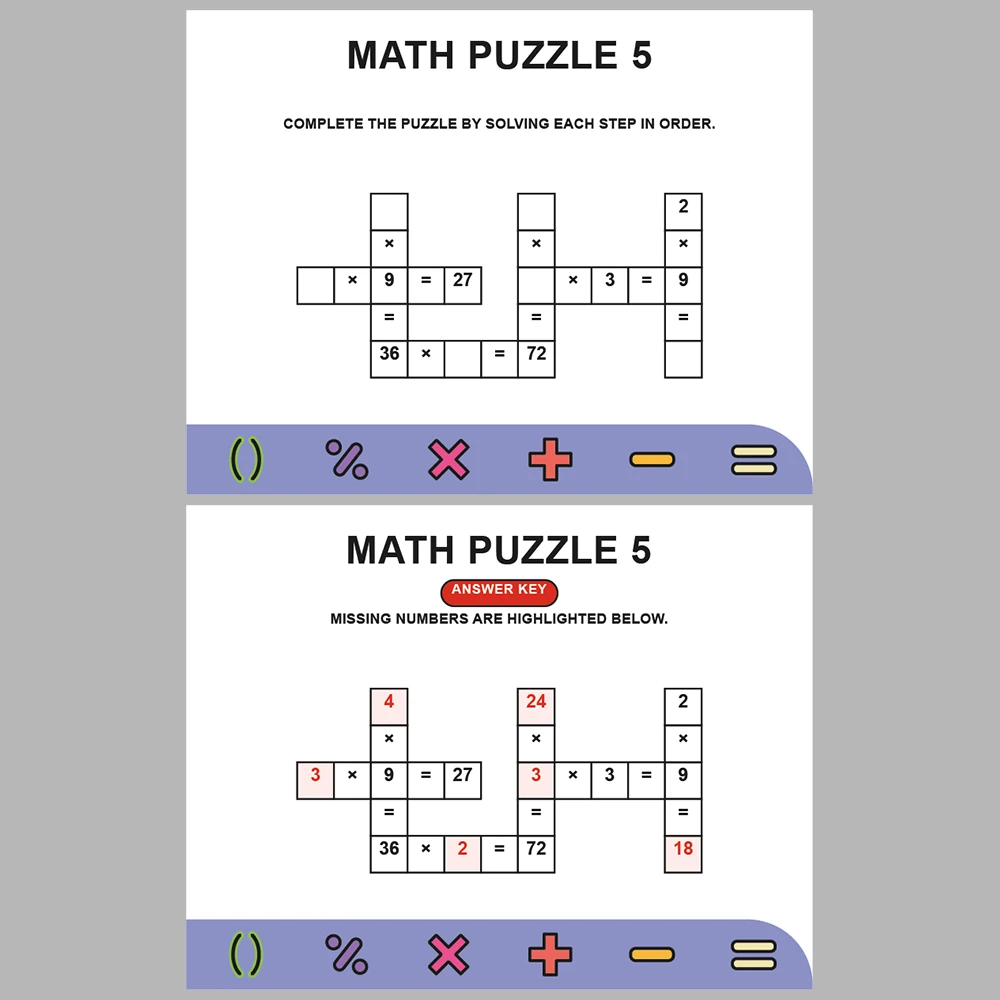 Math Puzzle Multiplication 10 Puzzle Pages + 10 Answer Key Pages (Vol. 10)