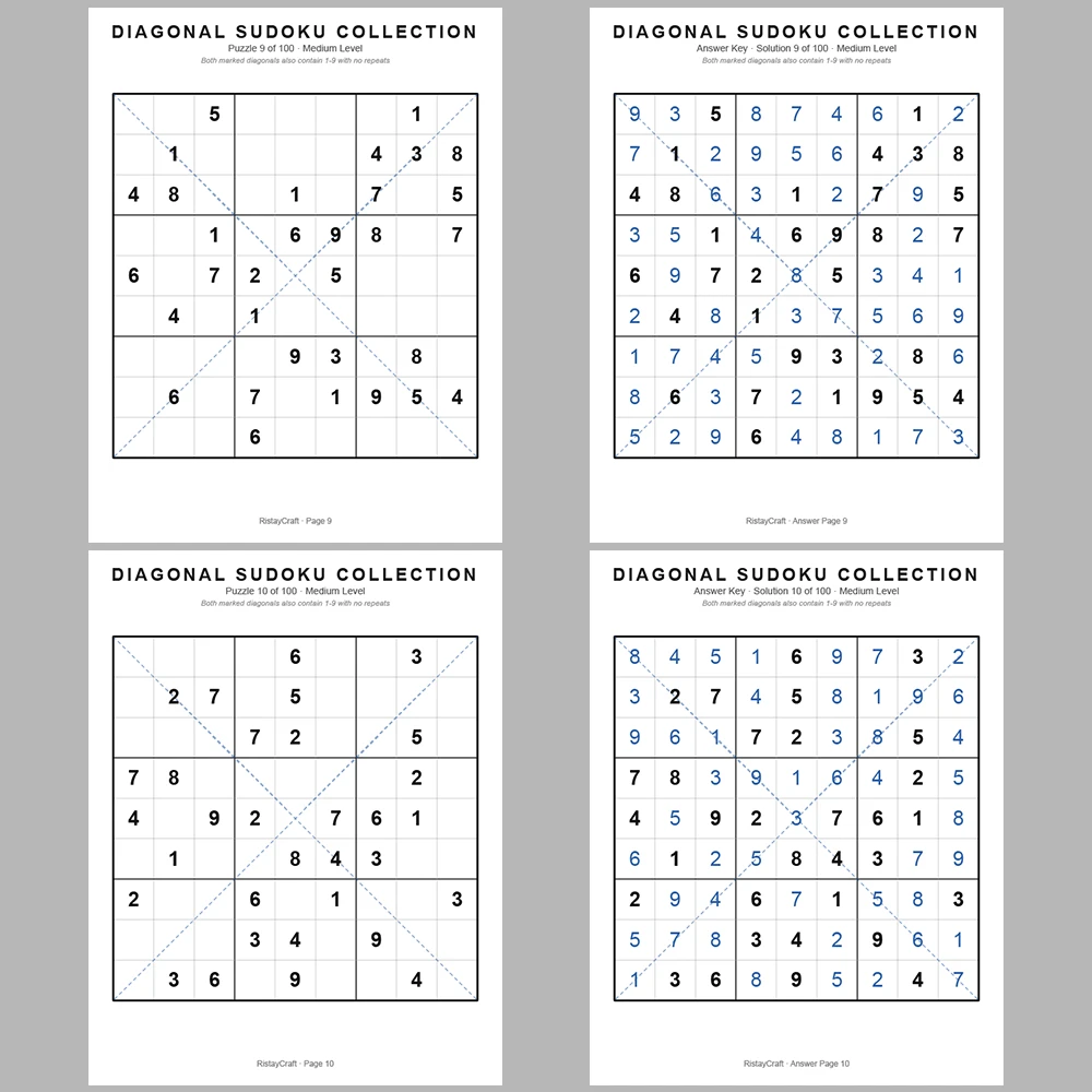 Sudoku Puzzle Diagonal Sudoku 100 Puzzle Pages + 100 Answer Key Pages