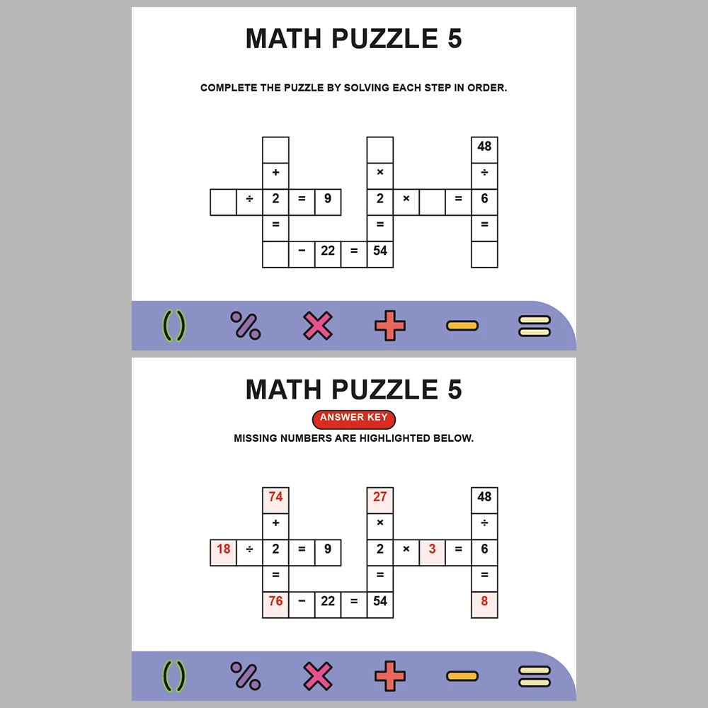 Math Puzzle Four Operations 10 Puzzle Pages + 10 Answer Key Pages (Vol. 19)