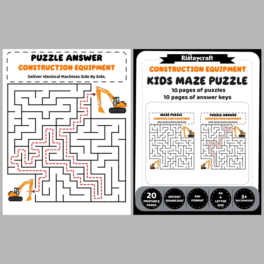 Construction Equipment Kids Maze Puzzle 10 Puzzle Pages + 10 Answer Key Pages