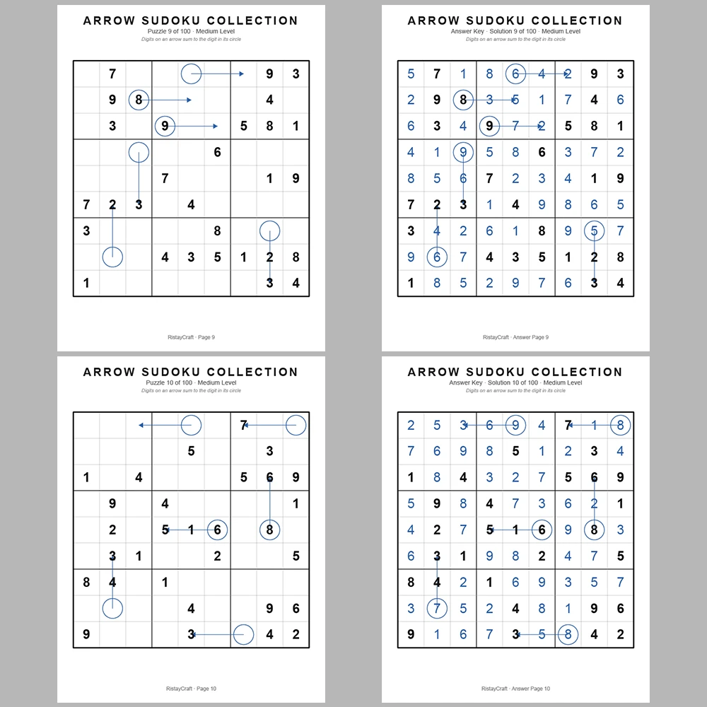Suooku Puzzle Arrow Sudoku 100 Puzzle Pages + 100 Answer Key Pages