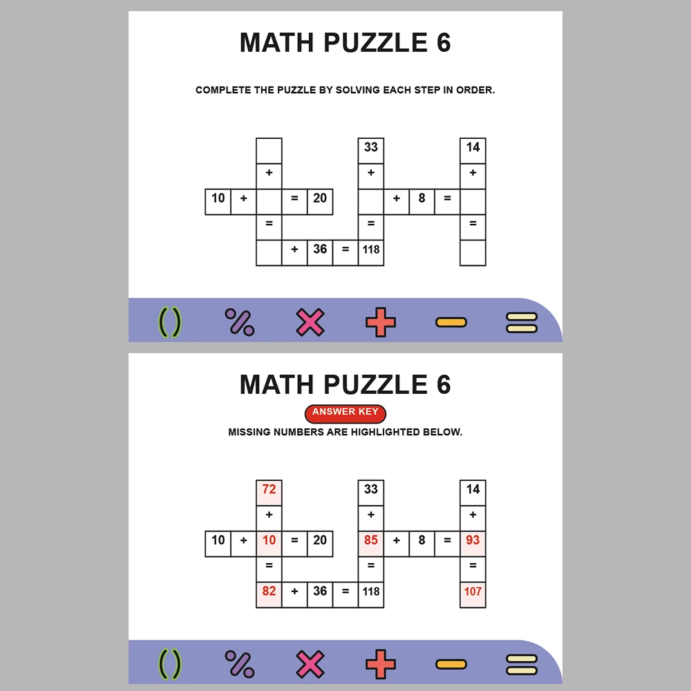Math Puzzle Addition 10 Puzzle Pages + 10 Answer Key Pages (Vol. 5)