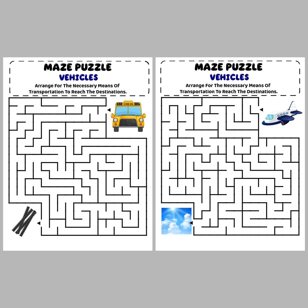 Vehicles Kids Maze Puzzle 10 Pages of Puzzles