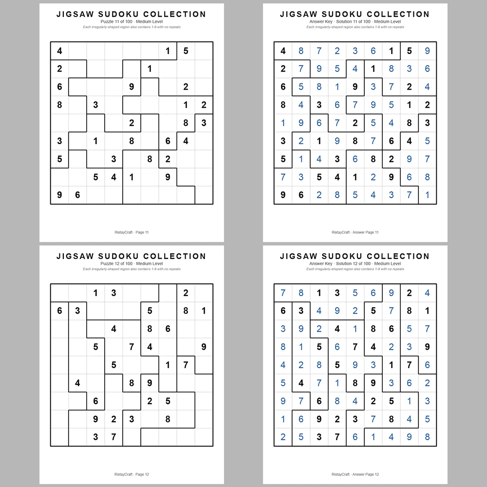 Sudoku Puzzle Jigsaw Sudoku 100 Puzzle Pages + 100 Answer Key Pages