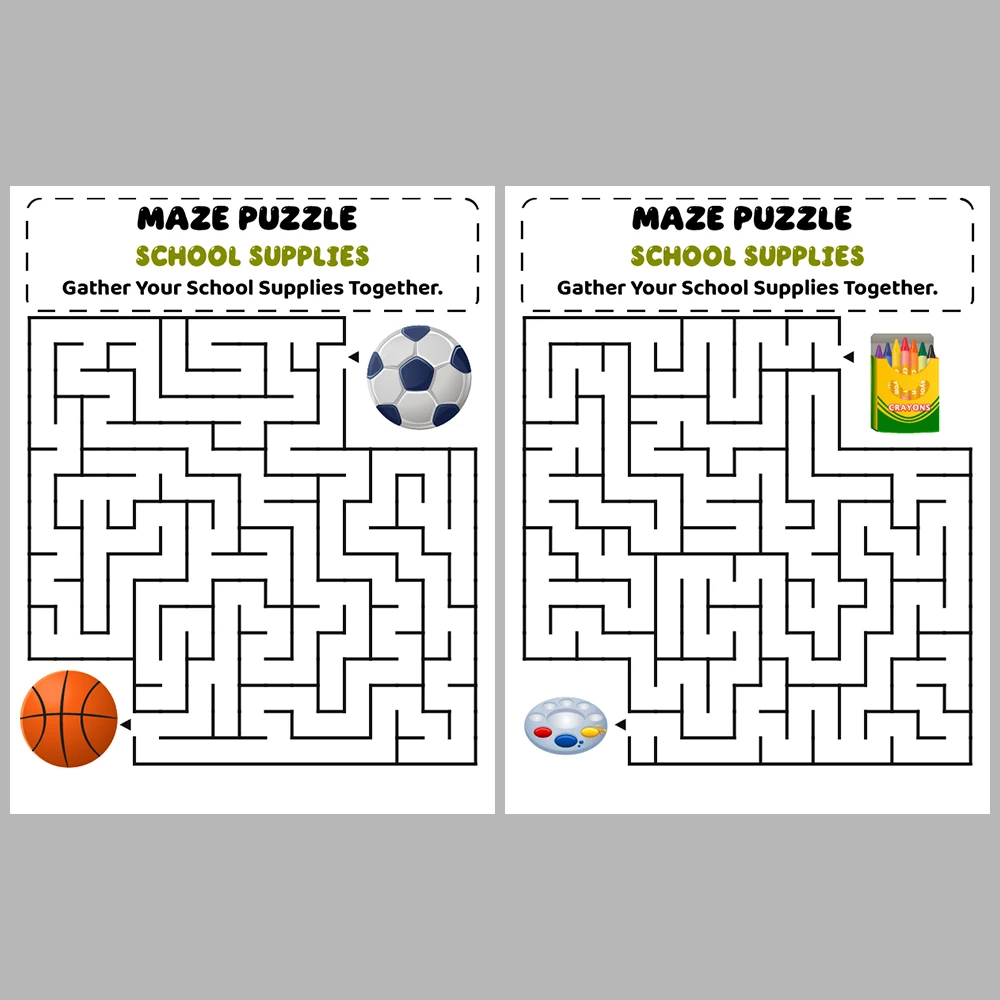 School Supplies Kids Maze Puzzle 10 Pages of Puzzles