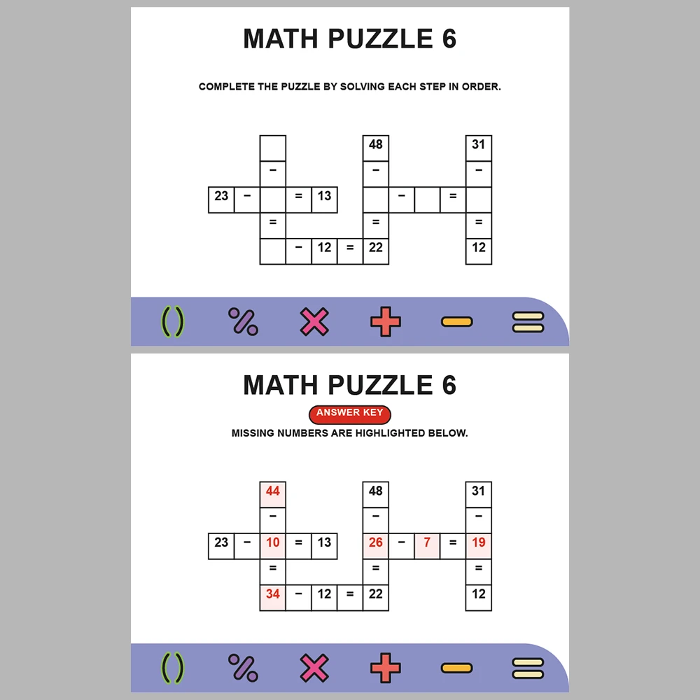 Math Puzzle Subtraction 10 Puzzle Pages + 10 Answer Key Pages (Vol. 2)