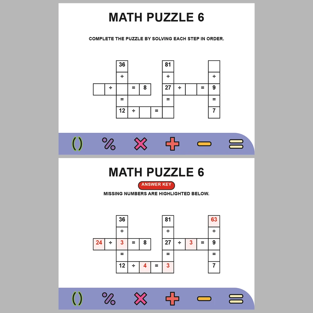 Math Puzzle Division 10 Puzzle Pages + 10 Answer Key Pages (Vol. 3)