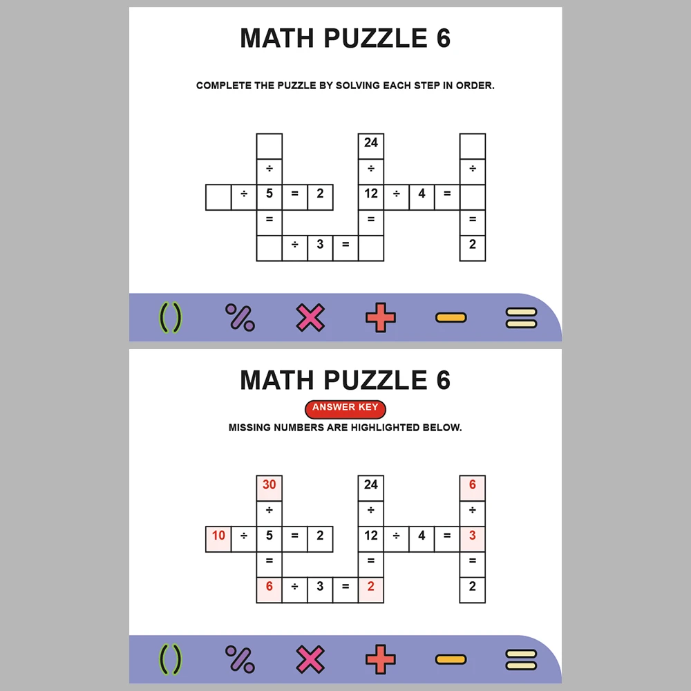 Math Puzzle Division 10 Puzzle Pages + 10 Answer Key Pages (Vol. 2)