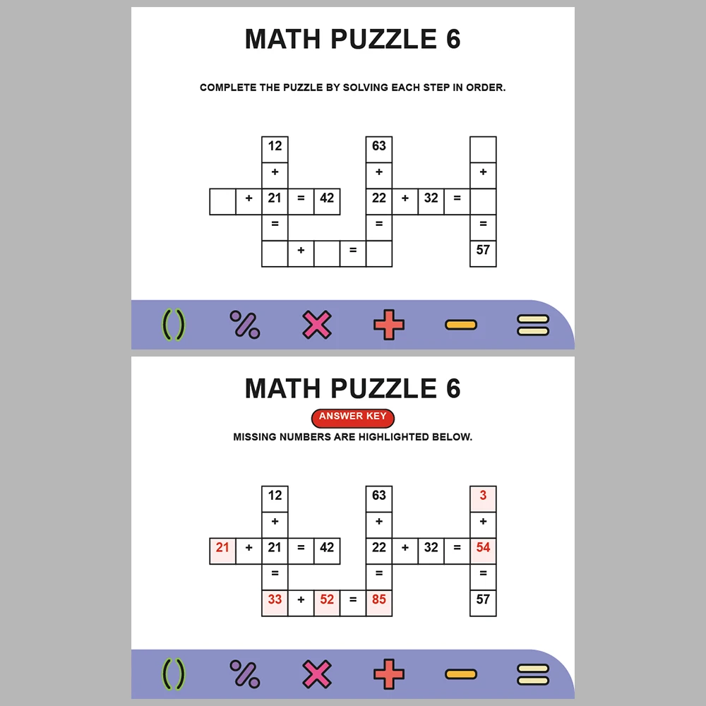 Math Puzzle Addition 10 Puzzle Pages + 10 Answer Key Pages (Vol. 1)