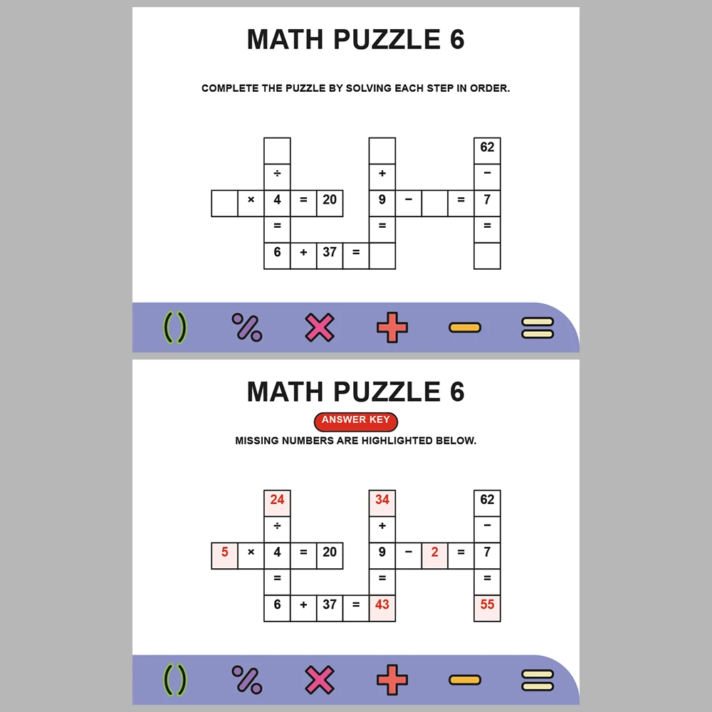 Math Puzzle Four Operations 10 Puzzle Pages + 10 Answer Key Pages (Vol. 15)