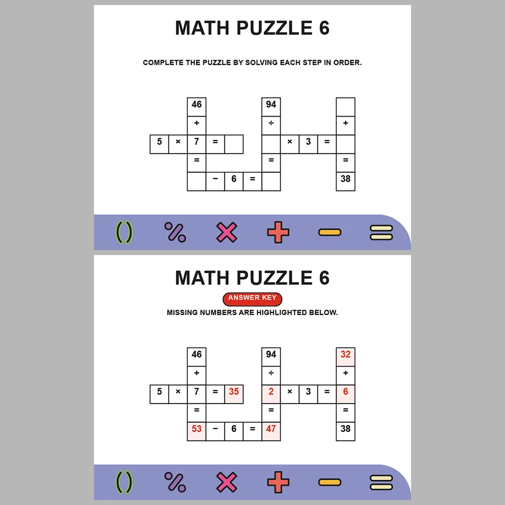 Math Puzzle Four Operations 10 Puzzle Pages + 10 Answer Key Pages (Vol. 13)