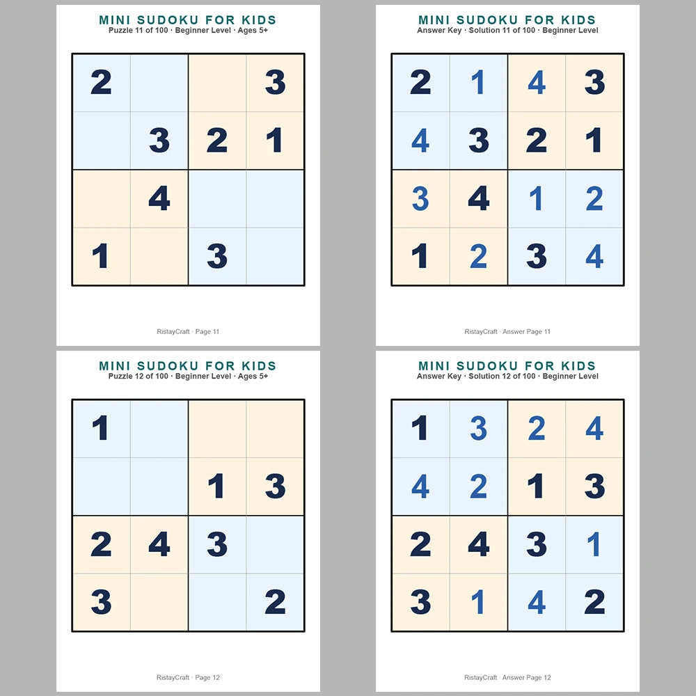 Mini Sudoku Puzzle for Kids 100 Puzzle Pages + 100 Answer Key Pages