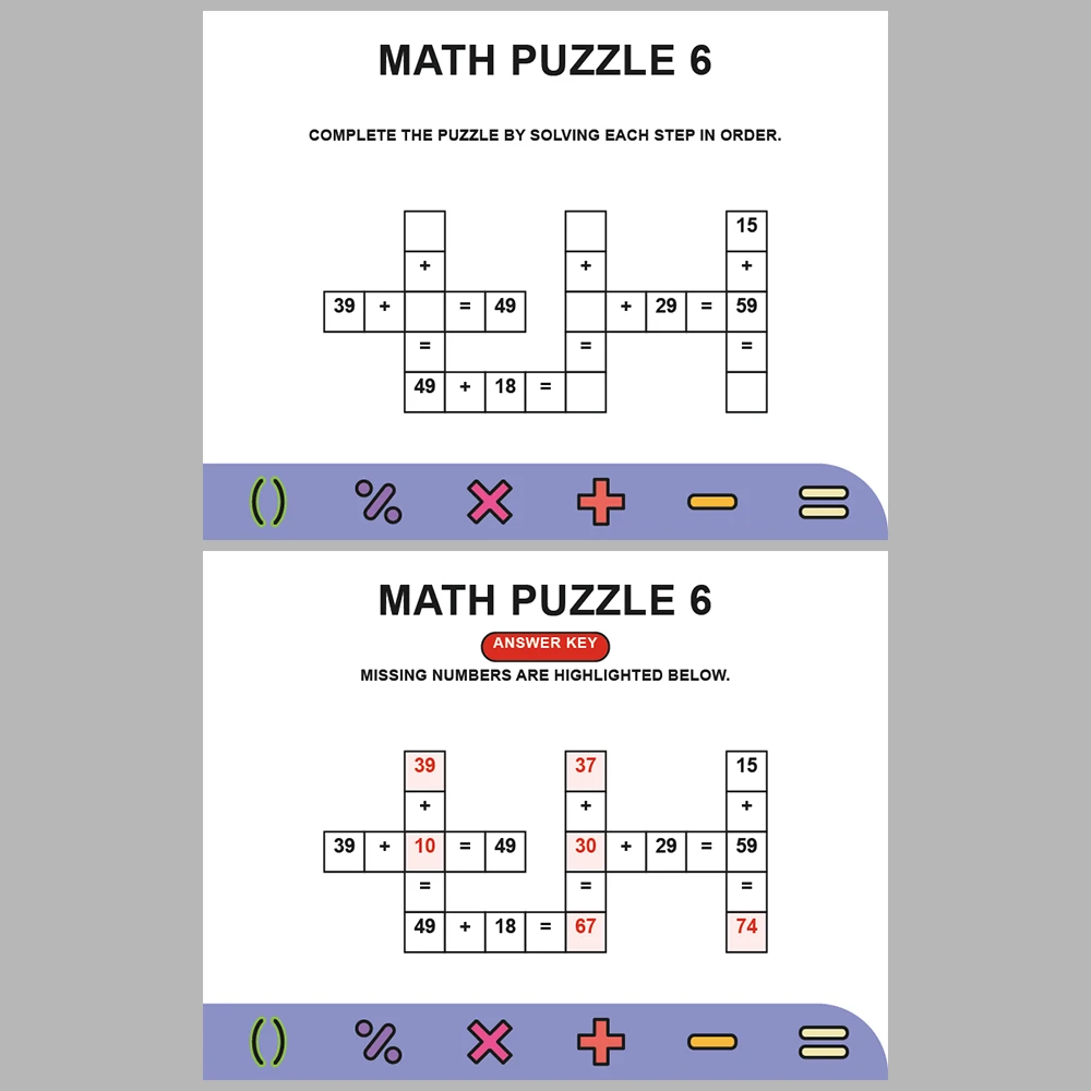 Math Puzzle Addition 10 Puzzle Pages + 10 Answer Key Pages (Vol. 10)