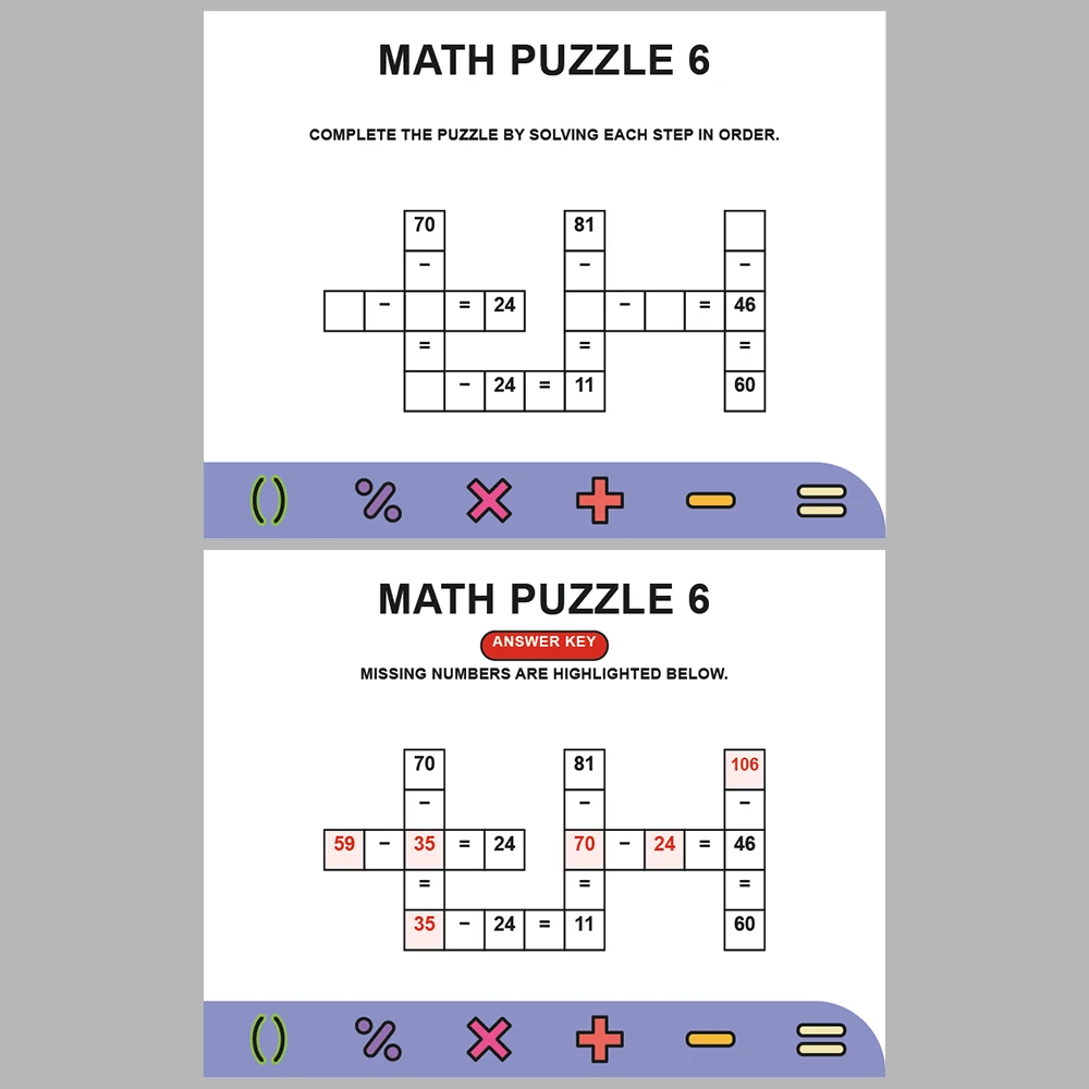 Math Puzzle Subtraction 10 Puzzle Pages + 10 Answer Key Pages (Vol. 8)