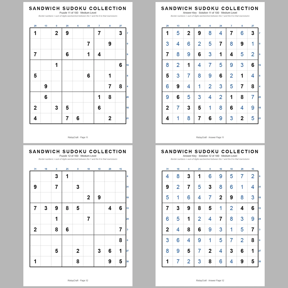 Suooku Puzzle Sandwich Sudoku 100 Puzzle Pages + 100 Answer Key Pages