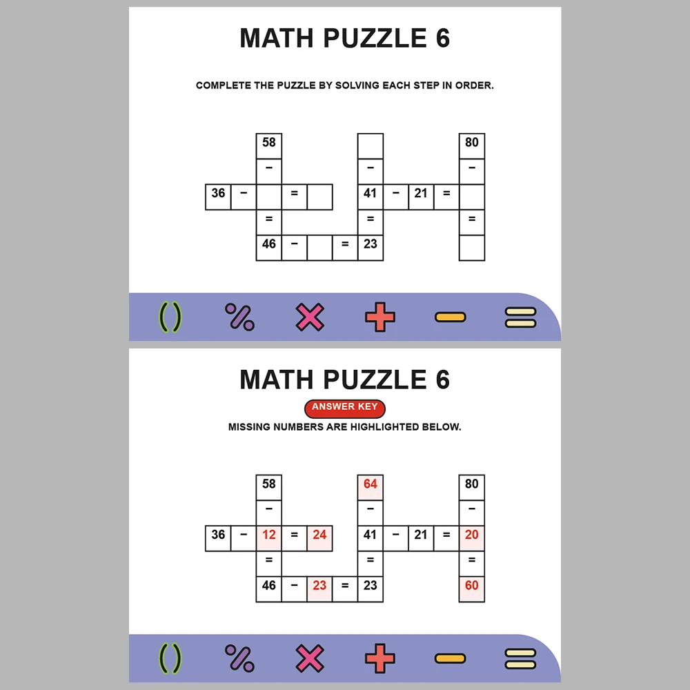 Math Puzzle Subtraction 10 Puzzle Pages + 10 Answer Key Pages (Vol. 9)