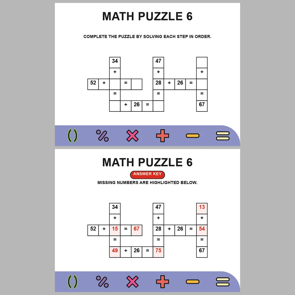 Math Puzzle Addition 10 Puzzle Pages + 10 Answer Key Pages (Vol. 8)