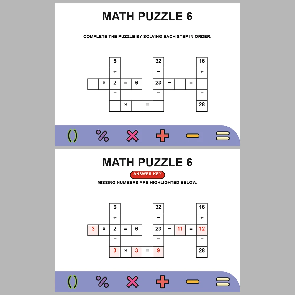 Math Puzzle Four Operations 10 Puzzle Pages + 10 Answer Key Pages (Vol. 8)