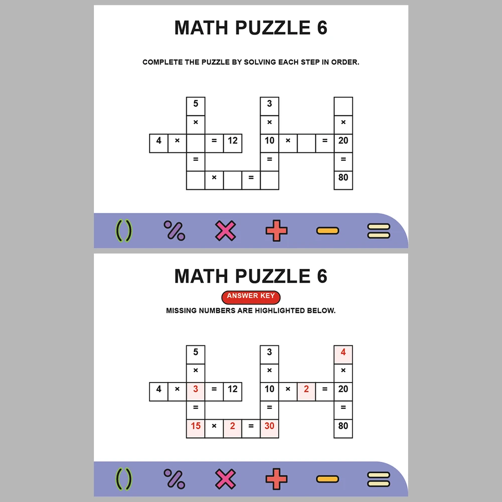 Math Puzzle Multiplication 10 Puzzle Pages + 10 Answer Key Pages (Vol. 4)