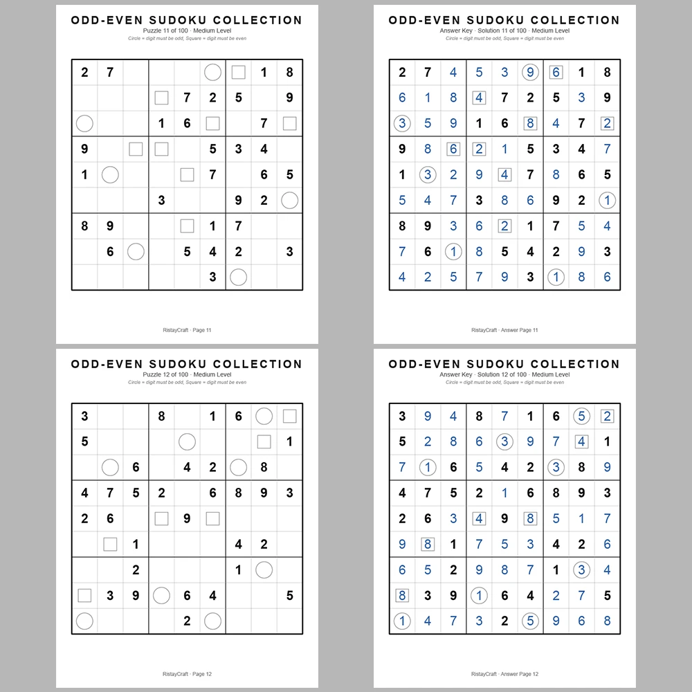 Sudoku Puzzle Odd-even Sudoku 100 Puzzle Pages + 100 Answer Key Pages