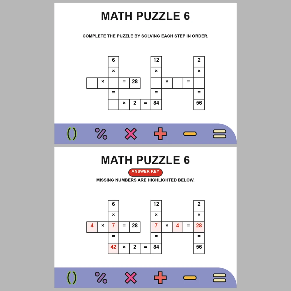 Math Puzzle Multiplication 10 Puzzle Pages + 10 Answer Key Pages (Vol. 9)